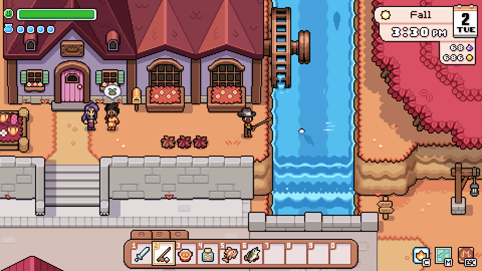 The player fishing near the Bathhouse in autumn in Fields of Mistria.