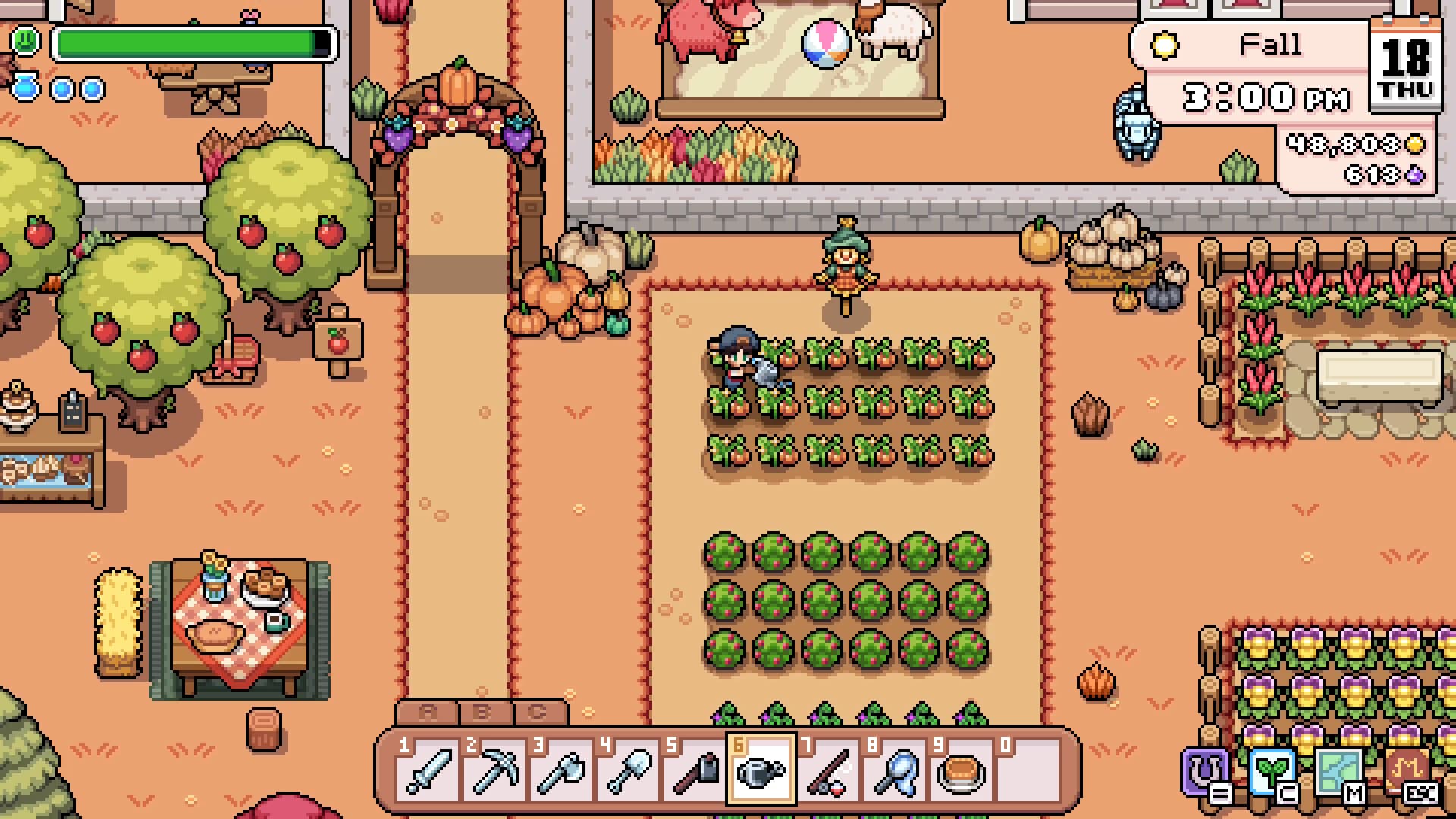An autumn farm in Fields of Mistria with pumpkins, crop rows, and the player watering the field.