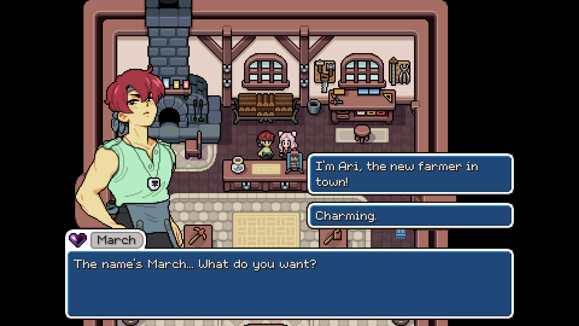 March in the blacksmith shop with dialogue choices in Fields of Mistria.