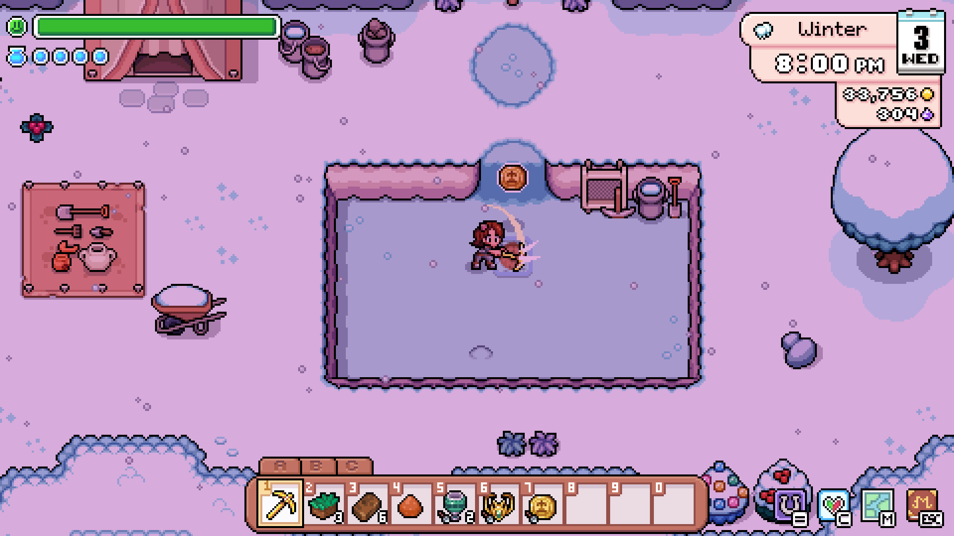 The player digging at the archaeological site in the Western Ruins in Fields of Mistria.